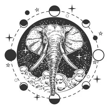 Head of elephant over starry cloudy sky background in boho style イラスト素材