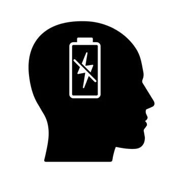 Head with empty battery charge icon in flat style. Vector. Stock Illustration