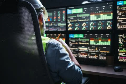 Head engineer of factory control process production line uses UI interfaces Stock Photos