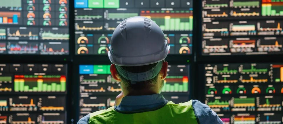 Head engineer of factory control process production line uses UI interfaces Stock Photos