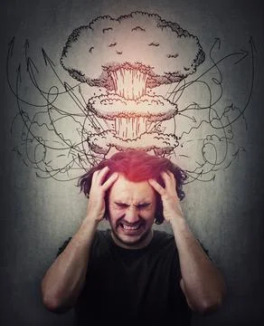 Head explosion metaphor. Bewildered man messing up and pulling his hair,  eye Stockfoto's