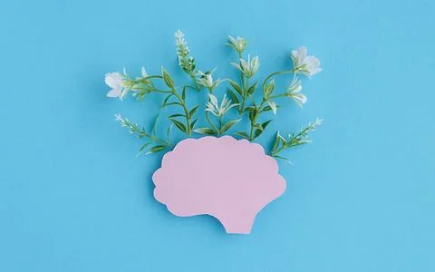 A head with a flower in it is on a blue background Stock Photos