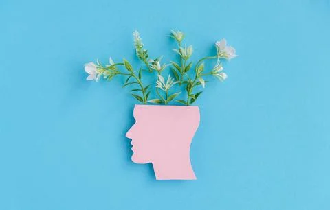 A head with a flower in it is on a blue background Stock Photos
