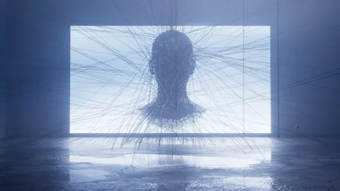 Head formed by hundreds of strings converging before a screen Stock Footage 346781740