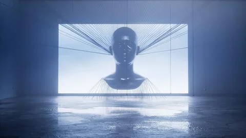 Head formed by strings converging from a bright screen イラスト素材