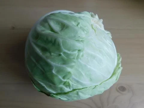 A head of fresh white cabbage on the table. Foto stock