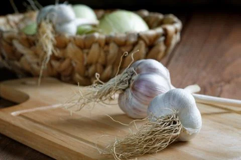 Head of garlic on the table rustic Stock Photos