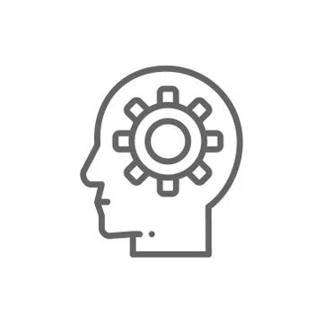 Head with gear, brain process, knowledge, think, idea line icon. Stock Illustration