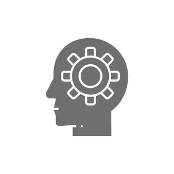 Head with gear, brain process, knowledge, think, idea grey icon. Stock Illustration