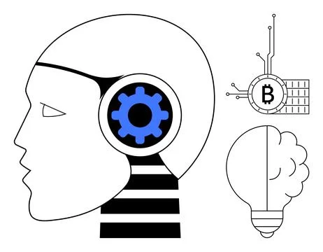 A head with a gear inside, symbolizing human intelligence fused with technolo Stock Illustration