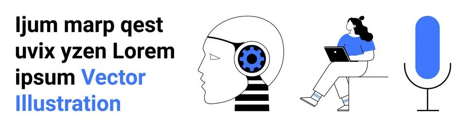 Head with gear representing artificial intelligence, person with laptop symbo Stock Illustration