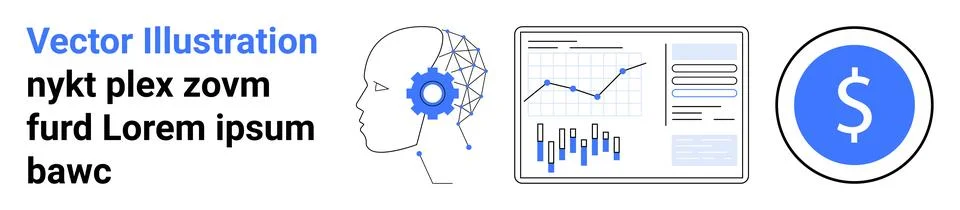 Head with gear represents AI, graph with data analytics, and dollar sign symb 스톡 일러스트