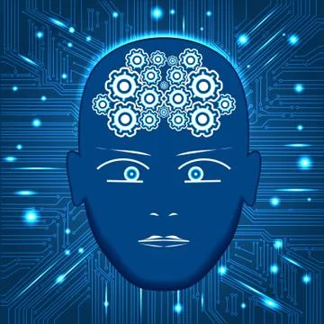 Head, gears in form of brain,circuit board background Stock Illustration