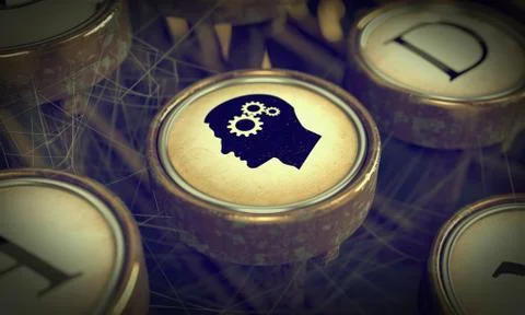 Head With Gears on Grunge Typewriter Key. Illustrazione stock