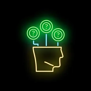Head generating multiple glowing neon question marks イラスト素材