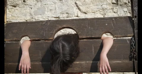 Head in guillotine in city. Stock Footage 271182776