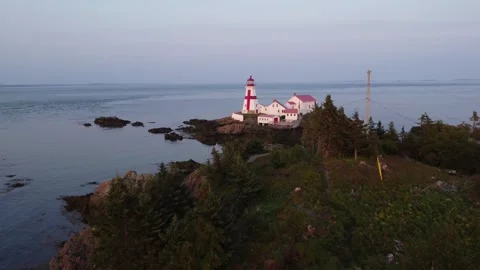 HEAD HARBOUR LIGHTHOUSE CAMPOBELLO ISLAND AERIAL DRONE FLY BY Stock Footage 344912018