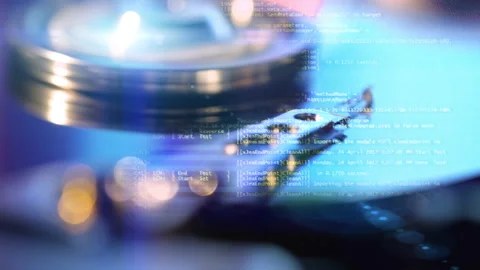 Head of the hard disk drive trying to read lost data from surface of the disk Stock Footage 234131099
