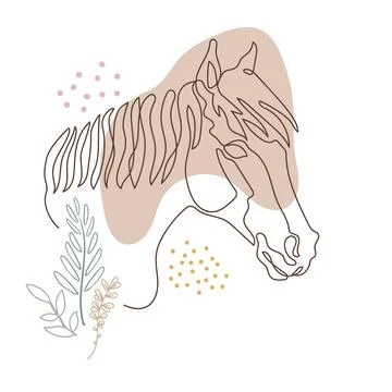 Head of Horse with Botanical Elements in Continuous Line Style Vector Stock Illustration