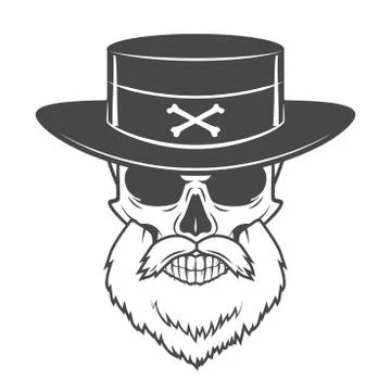 Head hunter skull with beard and hat vector. Rover logo template. Bearded old Stock Illustration