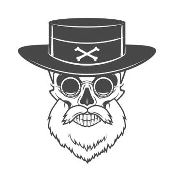 Head hunter skull with beard, hat and glasses vector. Rover logo template Stock Illustration