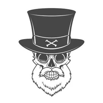 Head hunter skull with beard, hat and glasses vector. Victorian Rover logo Stock Illustration