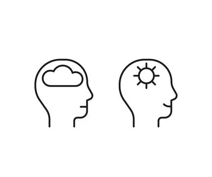 Head inside calm, positive think,line icon. Face with cloud and clear sky, sun Stock Illustration