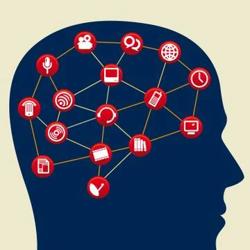 Head with interconnected icons as a brain. Stock Illustration