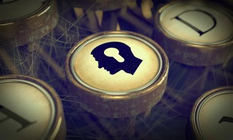Head With Keyhole on Grunge Typewriter Key. Stock Illustration
