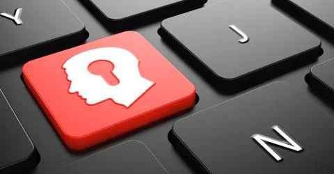Head with a Keyhole Icon on Red Keyboard Button. Stock Illustration