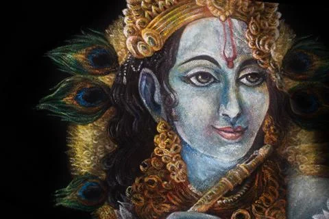 Head of krishna with peacock feather and jewelry, hand painted Stock Illustration