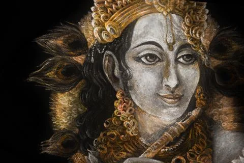 Head of krishna with peacock feather and jewelry, hand painted Illustrazione stock