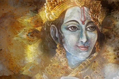 Head of krishna with peacock feather and jewelry, hand painted Stock Illustration