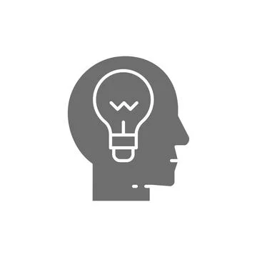 Head with lamp, idea generation, think, thought grey icon. Stock Illustration