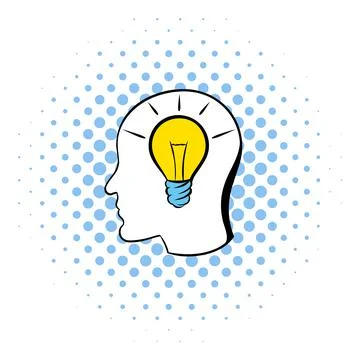Head with light bulb icon, comics style Illustrazione stock