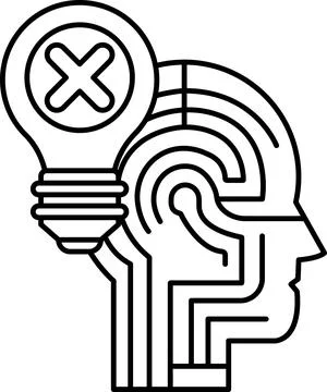 A head with a light bulb on it and an X over it Illustrazione stock