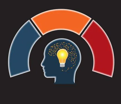 Head, lightbulb, brain.  Template 3 positions for text area, Concept Idea. Stock Illustration