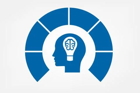 Head, lightbulb, brain.  Template infographic. Monochrome. Blue. 6 positions Stock Illustration