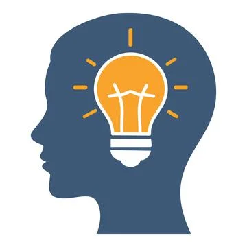 Head with lightbulb. Simple, modern illustration of a head silhouette with .. Stock Illustration