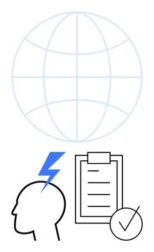 Head with lightning bolt, globe, checklist with checkmark. Ideal for global s Stock Illustration
