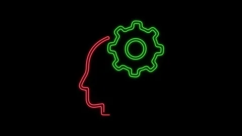Head lines neon stroke outline glowing in black background with gear tool ro Stock Footage 255603261