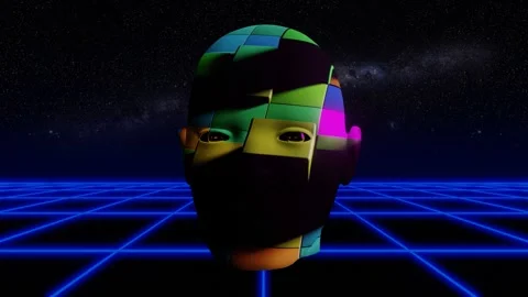 A head made of moving colorful blocks above the moving neon greed Stock Footage 249265658