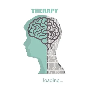 Head of man as progress bar with mental health relative tags cloud Ilustración de archivo