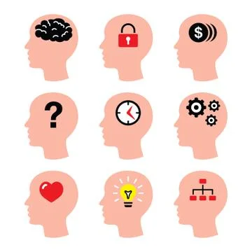 Head, man thoughts, brain vector icons set Stock Illustration