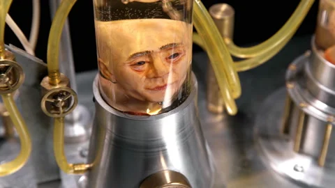 Head of a man without a body in a cylindrical glass vessel (flask), in a liquid Stock Footage 122528686
