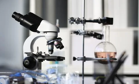 Head microscope on the background laboratory Stock Photos