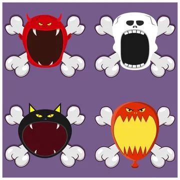 Head Monster Design With Devil, Skeleton, Black Cat and Balloon. On Skull a.. Stock Illustration
