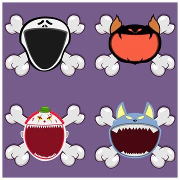 Head Monster Design With Wolf, Scream, Creepy Bat and Creepy Clown. On Skul.. Stock Illustration