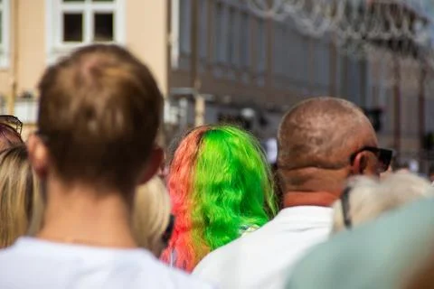 A head of multi-colored, bright green hair stands out among a group of people Stock Photos