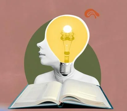 Head with an open book and a light bulb as a metaphor for a new idea Art co.. Stock Illustration